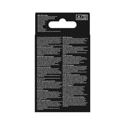 The image shows the back of a package from 3M Deutschland GmbH for 3M™ Earplugs with Cord 1271, with small, white, multilingual warning notices - including noise protection information - on a black background. At the top, there is a hanging tab and a dotted texture.