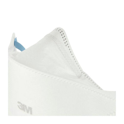Close-up of a 3M™ Aura™ Comfort Particulate Respirator 9320+ FFP2 from 3M Deutschland GmbH, showing the angled design, seams, and blue bands against a plain white background. No valve; pictured is a mask from the 3-pack.