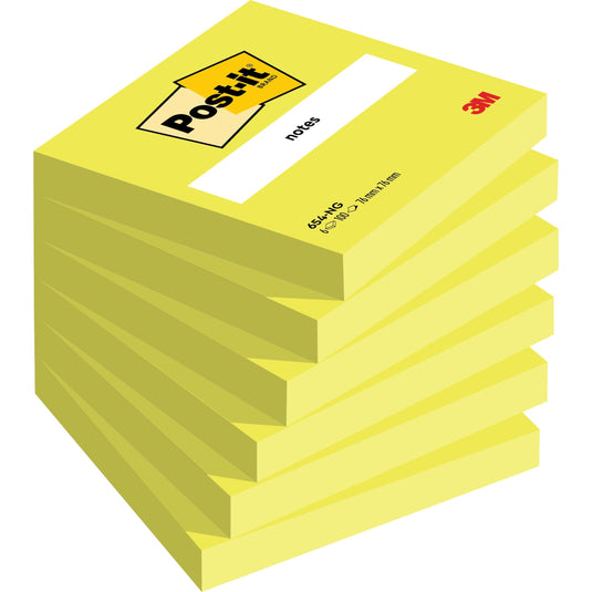 Abgebildet ist ein Stapel Post-it® Notes im Format 76 mm x 76 mm (100% PEFC, 100 Blatt/Block) der 3M Deutschland GmbH, wobei der oberste Block mit dem Post-it-Logo und Platz für Notizen versehen ist.