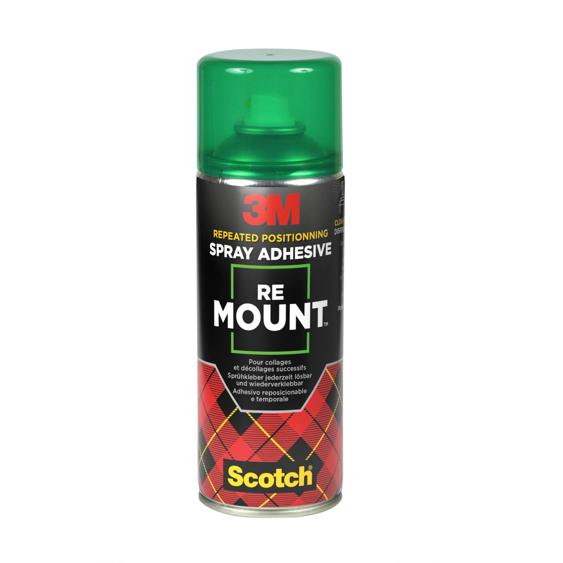 Eine 400-ml-Dose 3M™ Scotch® ReMount™ Klebespray der 3M Deutschland GmbH mit grüner Kappe und Schottenkaro-Etikett, ideal für temporäre, wiederverwendbare Verklebungen. Das Scotch-Logo befindet sich am unteren Rand. Die Packung enthält 1 Dose.