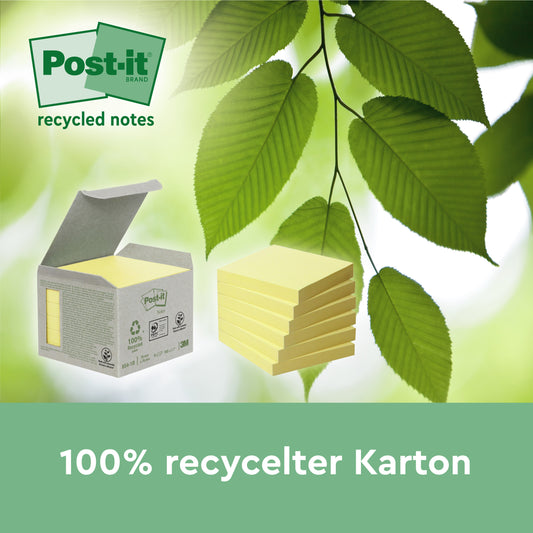 Eine Packung Post-it® Recycling Z-Notes, Gelb (76x76 mm, 100 Blatt/Block, 6 Blöcke), von 3M Deutschland GmbH, wird auf grünen Blättern mit dem Text "100% recycelter Karton" dargestellt. Die Zettel sind umweltfreundlich und PEFC-zertifiziert.