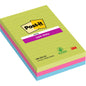 Eine Packung Post-it® Super Sticky Notes im Großformat von 3M Deutschland GmbH, liniert, in verschiedenen Farben (101 mm x 152 mm, 90 Blatt/Block, 3 Blöcke), mit 100% PEFC-Zertifizierung (SGSCH-PEFC-COC-110078).