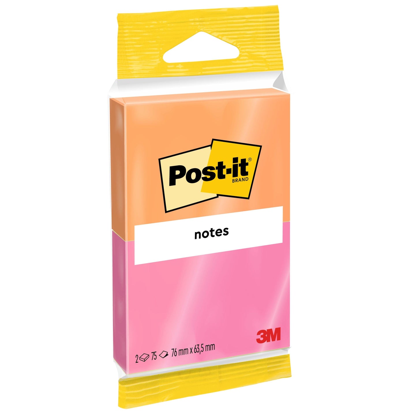 A pack of 3M Deutschland GmbH Post-it® Notes, Joyful Collection, 76x63.5mm, 75 sheets/block, 2 blocks/pack, in orange and pink with "notes" label and PEFC-certified (SGSCH-PEFC-COC-110078) semi-transparent packaging.