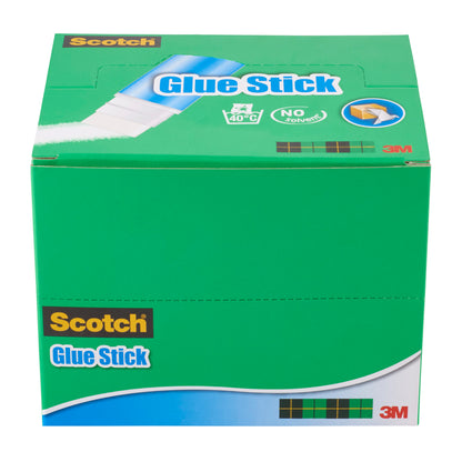 Eine grüne Schachtel mit der Aufschrift "Scotch® Permanent-Klebestift" der 3M Deutschland GmbH enthält 20 x 21g Sticks. Die Schachtel zeigt das Scotch- und das 3M-Logo, Symbole für eine Temperaturgrenze von 40°C, Lösemittelfreiheit und die Eignung für Papier.