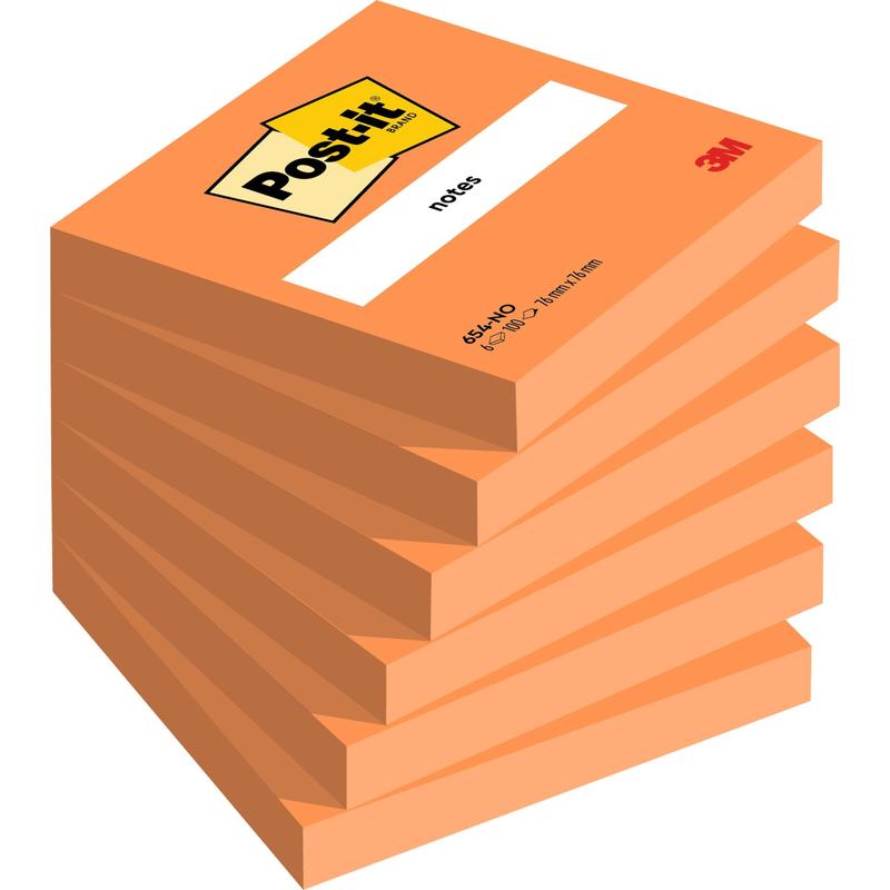 A stack of seven orange 3M Post-it® note blocks (76 mm x 76 mm, 100 sheets per block, 100% PEFC) with the Post-it logo and a blank label on the top block.
