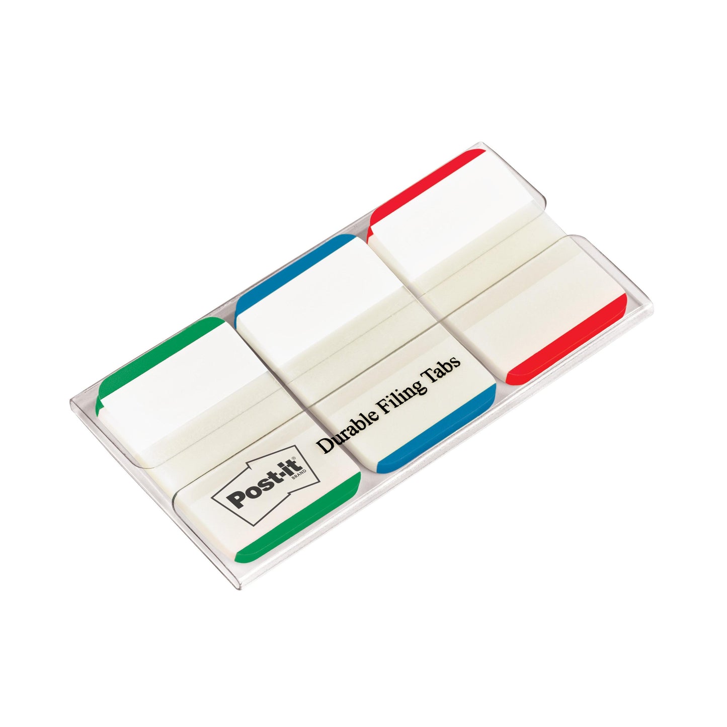 A pack of Post-it® Index Strong Filing Tabs from 3M Deutschland GmbH contains 66 durable, colored filing tabs (25.4 mm x 38.1 mm) in a dispenser, with various colors for easy organization.