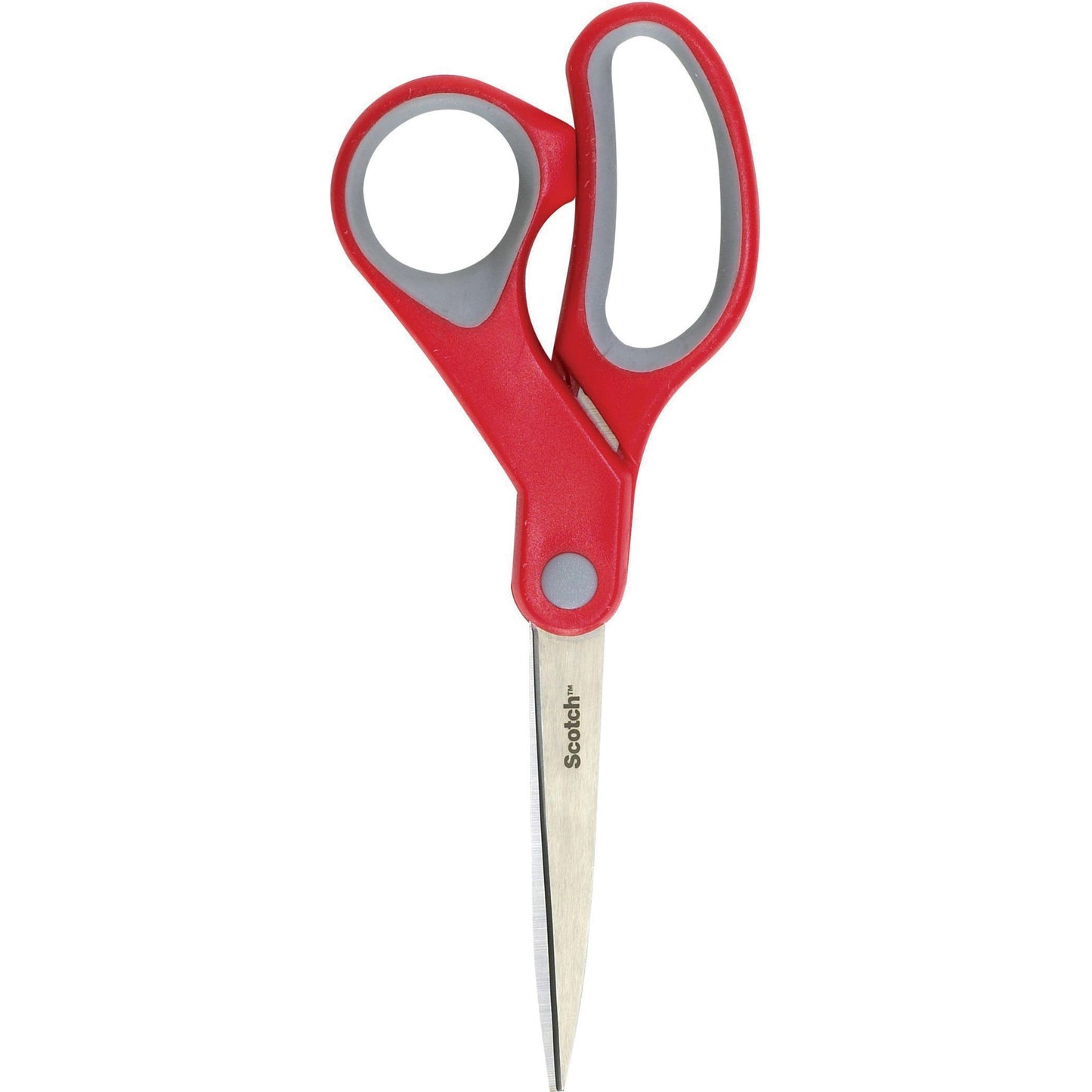The Scotch™ Comfort Scissors by 3M Deutschland GmbH is a stainless steel scissors with red and gray handles, shown with closed blades and upward-facing handles.