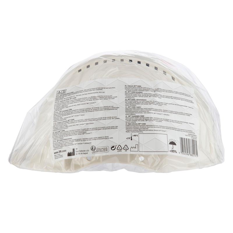 The 3M™ G3000C Uvicator safety helmet from 3M Deutschland GmbH is a white construction helmet, securely packaged in clear plastic with a detailed label on the back - ideal for reliable occupational safety.