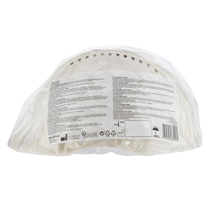 The 3M™ G3000C Uvicator safety helmet from 3M Deutschland GmbH is a white construction helmet, securely packaged in clear plastic with a detailed label on the back - ideal for reliable occupational safety.