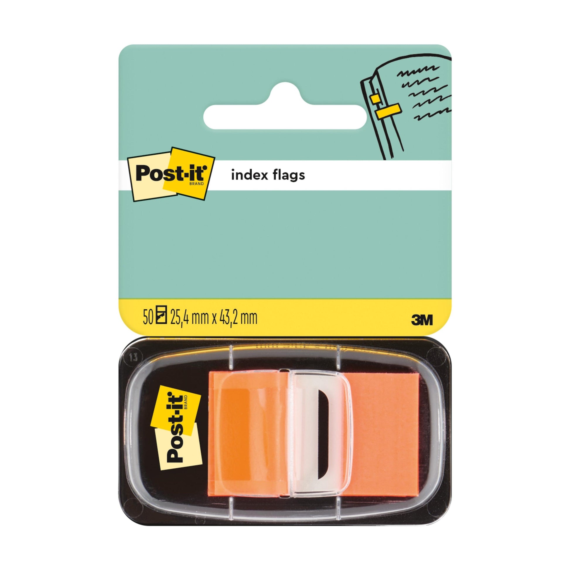 Eine Packung Post-it® Index Haftstreifen, Standard (25,4 mm x 43,2 mm, 50 Streifen/Spender) von 3M Deutschland GmbH enthält orangefarbene und weiße Haftstreifen. Auf der Verpackung sind das Post-it Logo und Angaben zur Produktgröße abgebildet.