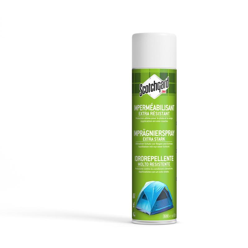 A large, green 400ml can of Scotchgard™ Heavy Duty Water Shield from 3M Deutschland GmbH stands upright. The label shows text in multiple languages and a blue tent image, ideal for extra strong protection of textiles.