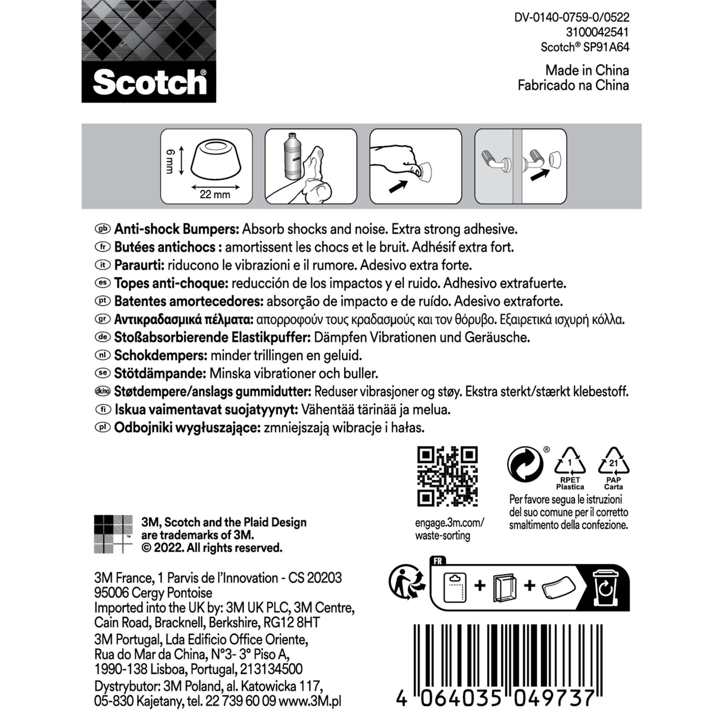 The packaging of the Scotch® Shock Absorbing Elastic Bumper for Walls SP91A64 by 3M Deutschland GmbH shows application images, safety symbols, multilingual instructions, the brand logo, the barcode, and detailed company information.