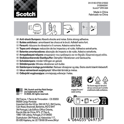 The packaging of the Scotch® Shock Absorbing Elastic Bumper for Walls SP91A64 by 3M Deutschland GmbH shows application images, safety symbols, multilingual instructions, the brand logo, the barcode, and detailed company information.
