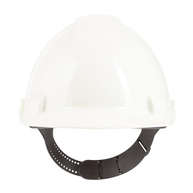 The 3M™ G3000C Uvicator safety helmet from 3M Deutschland GmbH is a white safety helmet with an adjustable pinlock strap, depicted in a front view on a plain background, for optimal occupational safety at work.