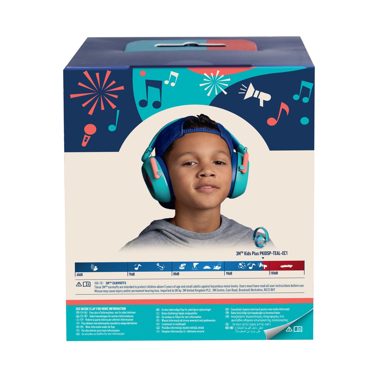 Eine Produktverpackung der 3M Deutschland GmbH zeigt ein Kind mit einem tealfarbenen 3M™ Gehörschutz für Kinder PKIDSP-TEAL-E Kopfhörer (87-98 dB). Auf der Box sind Musiknoten, Feuerwerk und ein Megaphon abgebildet, die den idealen Gehörschutz für Kinder hervorheben.