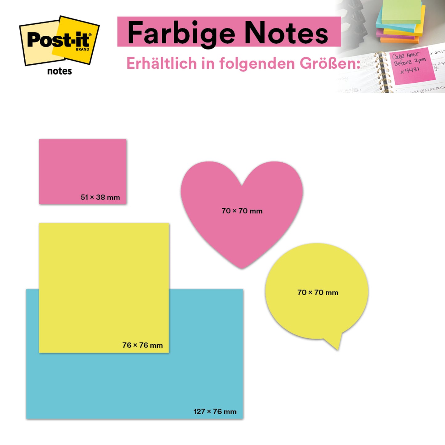 Eine Grafik zeigt 3M Post-it® Notizen aus der Energetic Collection - 76x76 mm, 100 Blatt/Block, 6 Blöcke/Packung - in verschiedenen Formen und Farben, alle aus 100% PEFC-zertifiziertem Papier (SGSCH-PEFC-COC-110078).