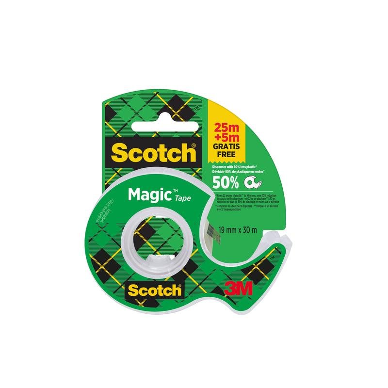 A pack of Scotch® Magic™ Invisible Tape by 3M Deutschland GmbH, 19 mm x 25 m plus 5 m free, comes as 1 roll in a handheld dispenser.