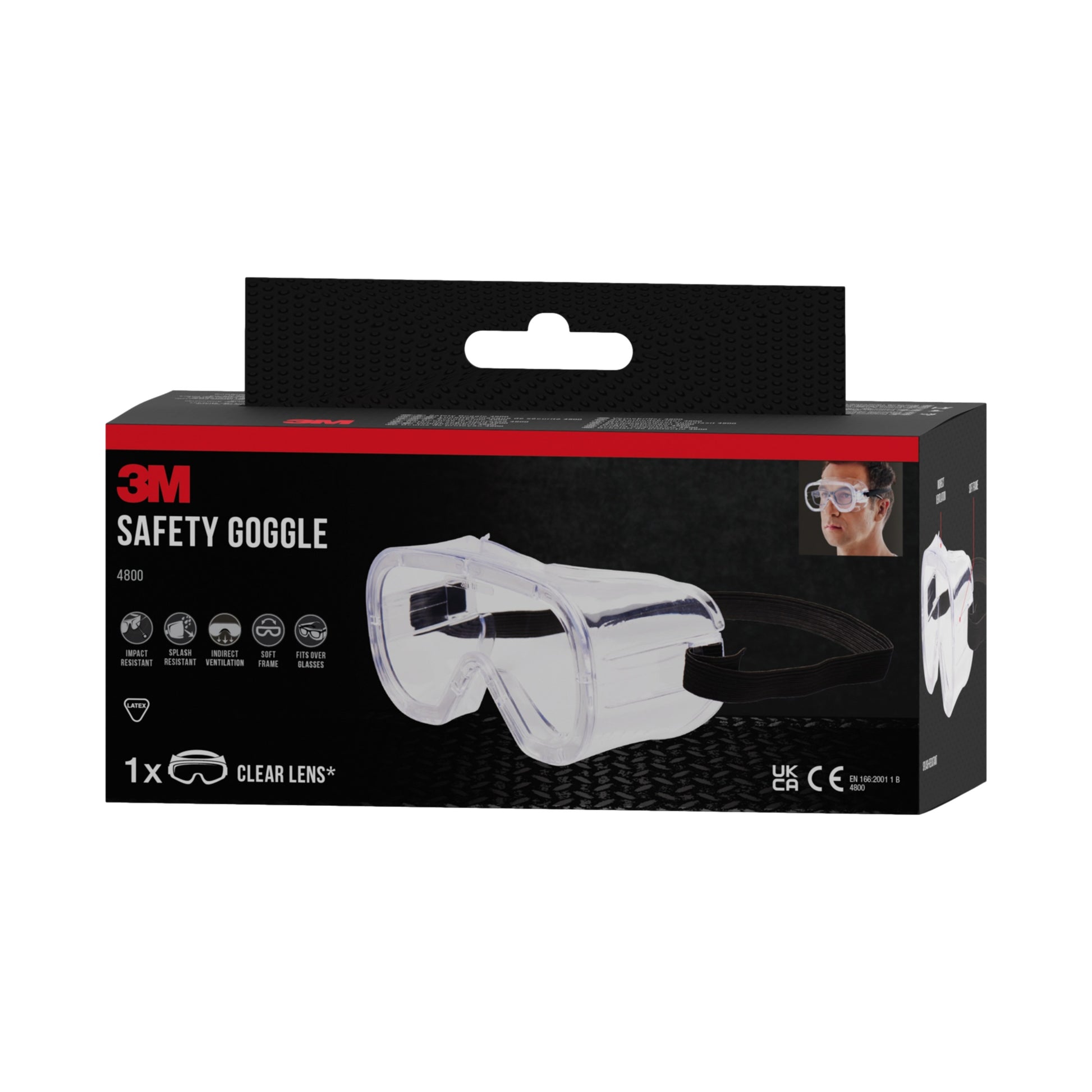 Abgebildet ist eine Packung der 3M™ Classic Schutzbrille 4800 der 3M Deutschland GmbH mit klarer Scheibe und indirekter Belüftung. Die überwiegend schwarze Verpackung enthält rote Akzente, Produktsymbole und ein Foto, auf dem ein Träger der Schutzbrille zu sehen ist.