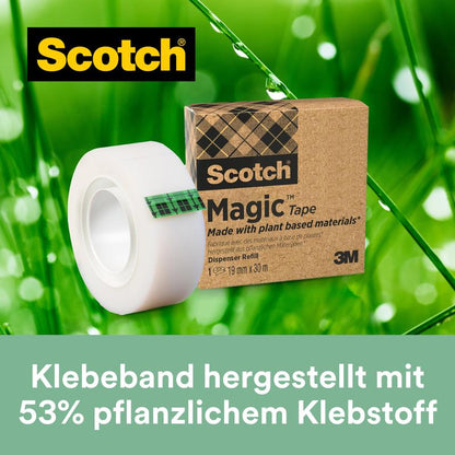 A roll of Scotch® Magic™ Tape (19 mm x 30 m, 1 roll/pack) from 3M Deutschland GmbH against a green background. Below it says: "With 66% plant-based adhesive - the eco-friendly tape.