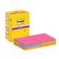 Eine gelbe Post-it® Super Sticky Notes Box von 3M Deutschland GmbH mit 16 Stapeln (76 x 127 mm, 90 Blatt/Block) in pink, grün, orange und blau, starke Klebefläche, PEFC-zertifiziert.