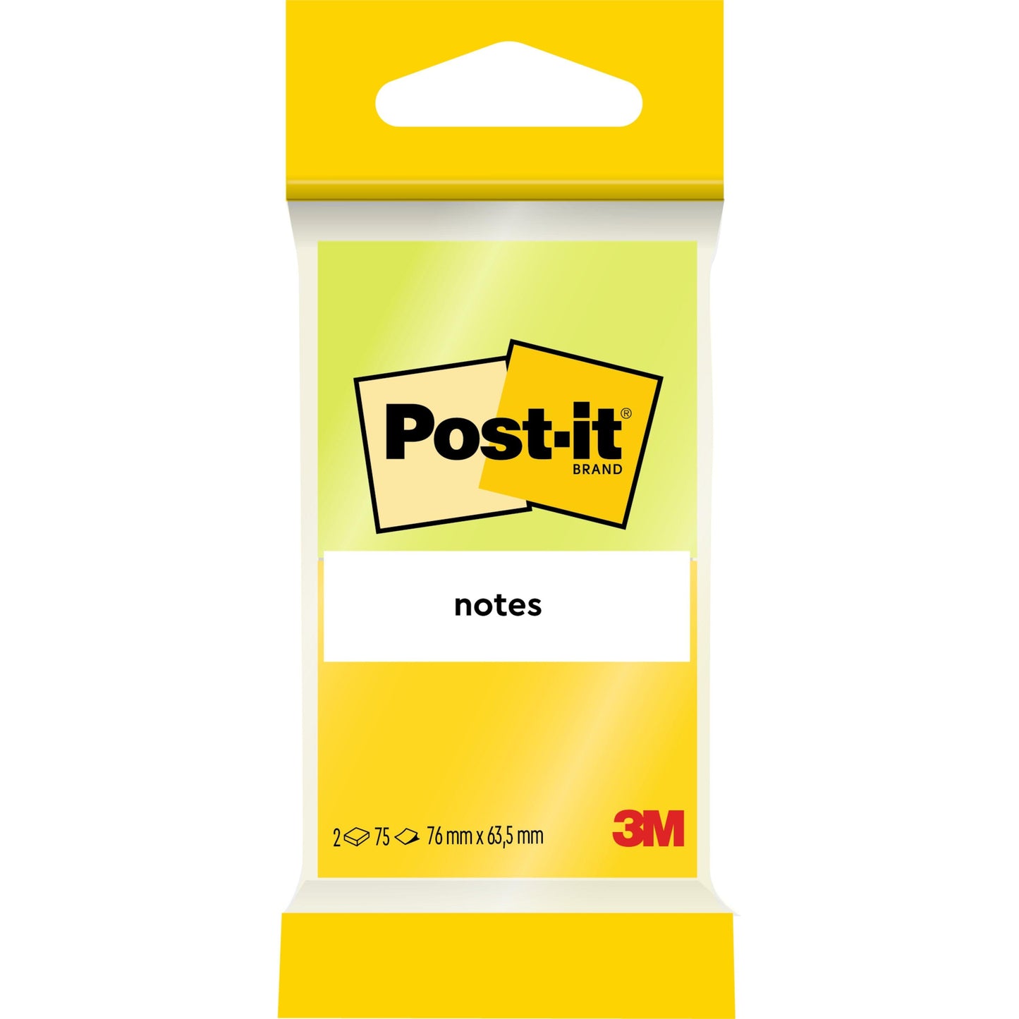 Depicted is a yellow-green pack of Post-it® Notes, Joyful Collection (76 mm x 63.5 mm), from 3M Deutschland GmbH. The front shows the logo, product name, size, and contains 2 blocks of 75 sheets each with 100% PEFC certification.