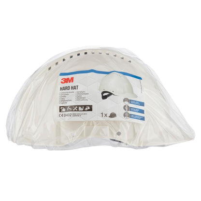 A white 3M™ G3000C Uvicator safety helmet, adjustable with a ratchet from 3M Deutschland GmbH, is depicted in a transparent plastic package with a label containing the brand, product name, and symbols for safety certifications and Uvicator features.