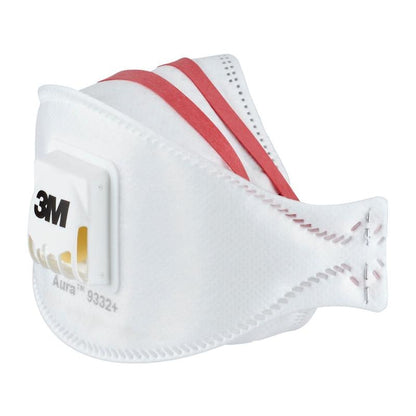The 3M™ Aura™ Comfort Cool Flow™ Particulate Respirator 9332+, FFP3, with valve from 3M Deutschland GmbH is a white respirator with two red elastic bands and a yellow valve, depicted on a solid background.