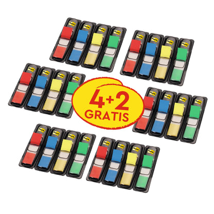 Mehrere Packungen Post-it® Index Haftstreifen Mini (11,9 x 43,2 mm) von 3M in den Farben Rot, Gelb, Blau und Grün umgeben ein gelbes Etikett mit dem Text "4+2 GRATIS". Jede Packung enthält 6 Spender (4 + 2 gratis) mit jeweils 35 Streifen für die einfache Organisation von Dokumenten.