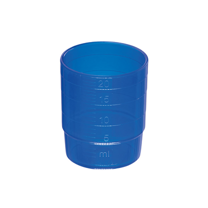A translucent blue Melipul REUSABLE medication cup from Helmut Schwarz GmbH is made of polypropylene (PP) and features side measuring markings in milliliters (ml) from 5 ml to 25 ml.