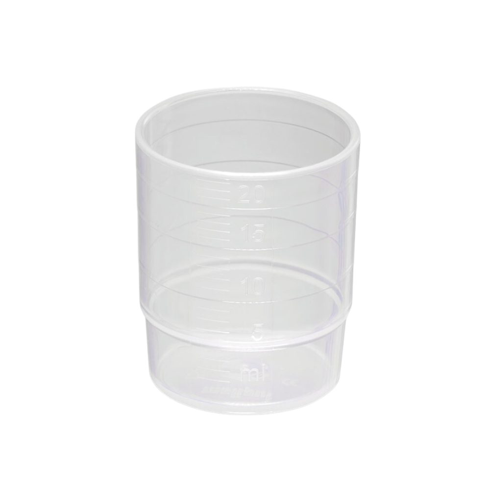 The melipul REUSABLE medication cup stackable 25 ml from Helmut Schwarz GmbH is made of dishwasher-safe polypropylene and features clear measuring markings in milliliters from 2.5 to 20 ml on a white background.