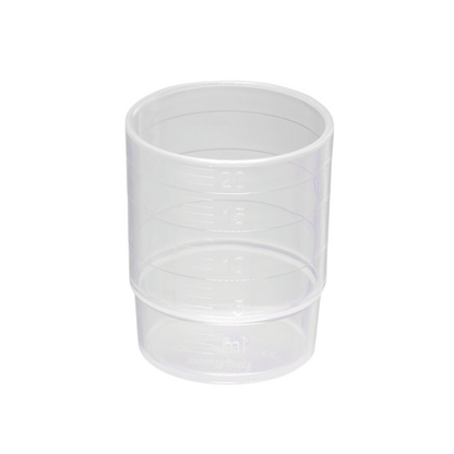 The melipul REUSABLE medication cup stackable 25 ml from Helmut Schwarz GmbH is made of dishwasher-safe polypropylene and features clear measuring markings in milliliters from 2.5 to 20 ml on a white background.