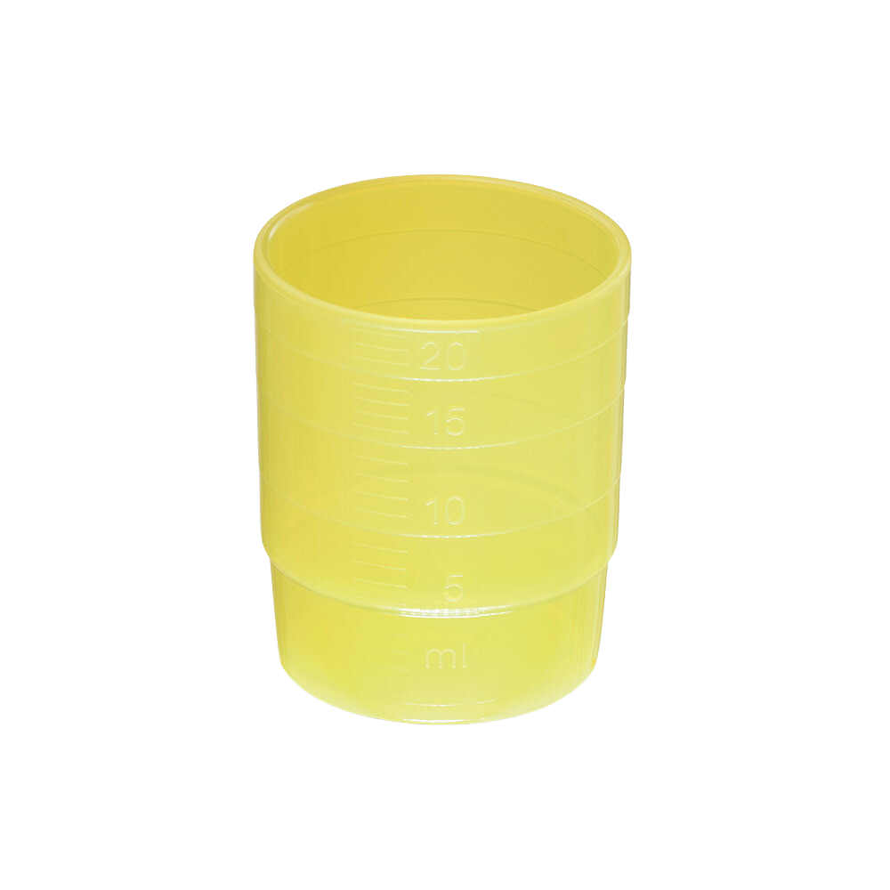 A small, translucent yellow polypropylene cup with markings for 5 ml, 10 ml, 15 ml, and 20 ml. This Helmut Schwarz GmbH Melipul REUSABLE medication cup stackable 25ml, various colors is also dishwasher-safe.