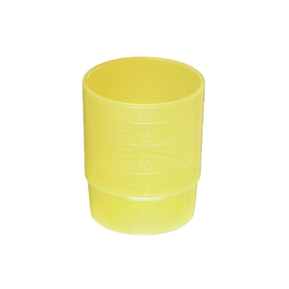 A small, translucent yellow polypropylene cup with markings for 5 ml, 10 ml, 15 ml, and 20 ml. This Helmut Schwarz GmbH Melipul REUSABLE medication cup stackable 25ml, various colors is also dishwasher-safe.