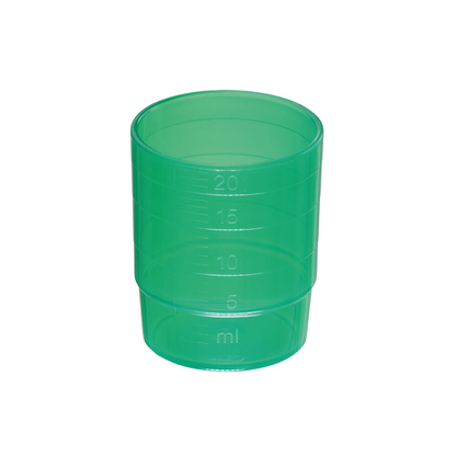 A melipul REUSABLE medication cup stackable 25ml, various colors from Helmut Schwarz GmbH, made from dishwasher-safe polypropylene cup, with side measuring markings in milliliters (ml). The markings show the fill levels of 5 ml, 10 ml, 15 ml, and 20 ml. The stackable medication cup is empty and placed in front of a white background.