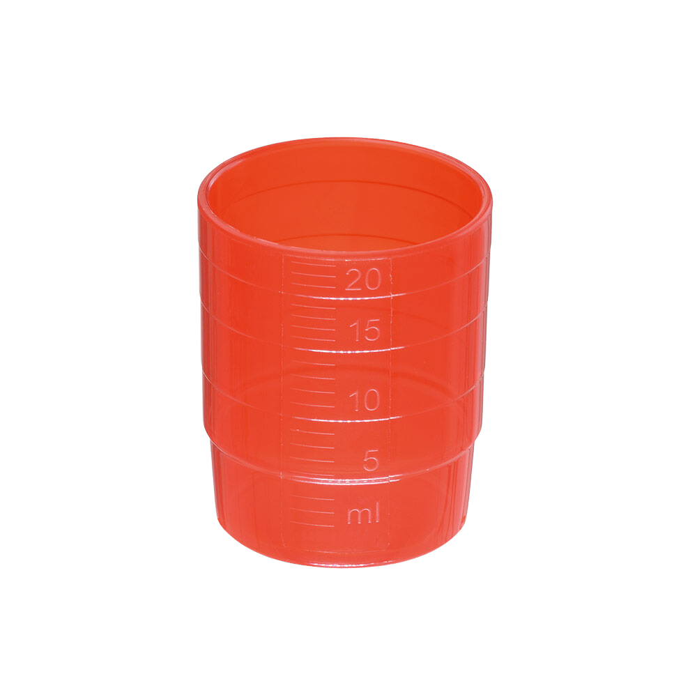 A red measuring cup made of plastic with markings in the quantity ranges of 5 ml, 10 ml, 15 ml, and 20 ml. This melipul REUSABLE medication cup stackable 25ml, various colors from Helmut Schwarz GmbH is ideal for precise dosing and is easy to clean.