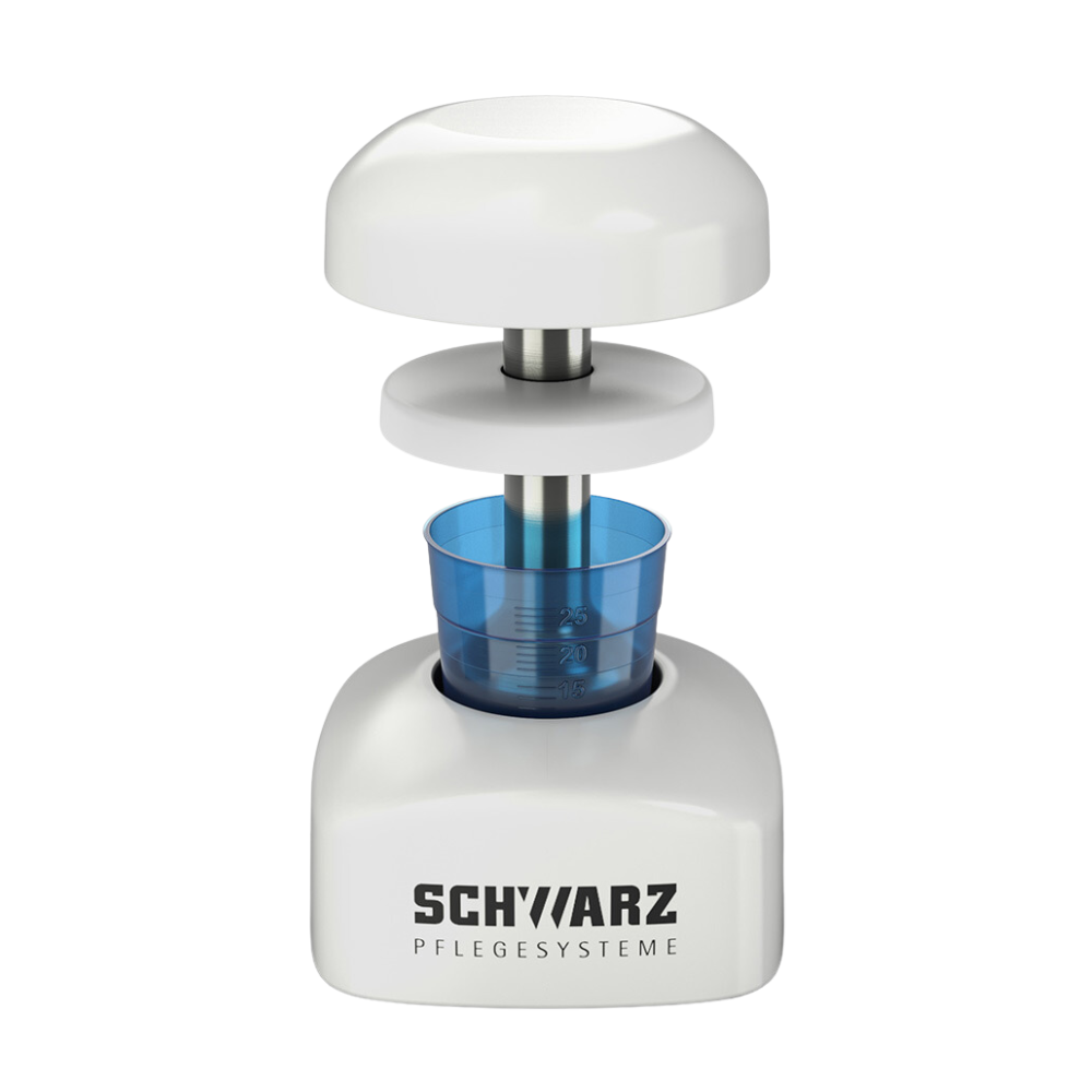 A white kitchen appliance in cylindrical design by Helmut Schwarz GmbH is perfect for hygienic crushing. It features a removable lid and a transparent blue container with measuring markings, ideal for use as a melipul tablet crusher PROFI.