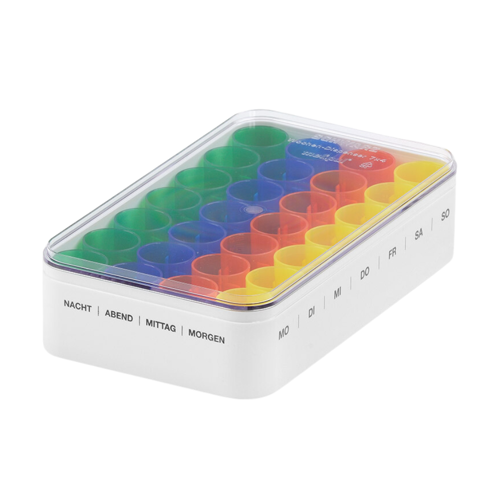 The melipul weekly dispenser 7x4 by Helmut Schwarz GmbH is a medication organizer with 28 multicolored compartments and a stackable lid. It features German labels for the days of the week: “MO, DI, MI, DO, FR, SA, SO” and times of day: “NIGHT, EVENING, NOON, MORNING” thus allowing seamless medication planning for your weekly needs.