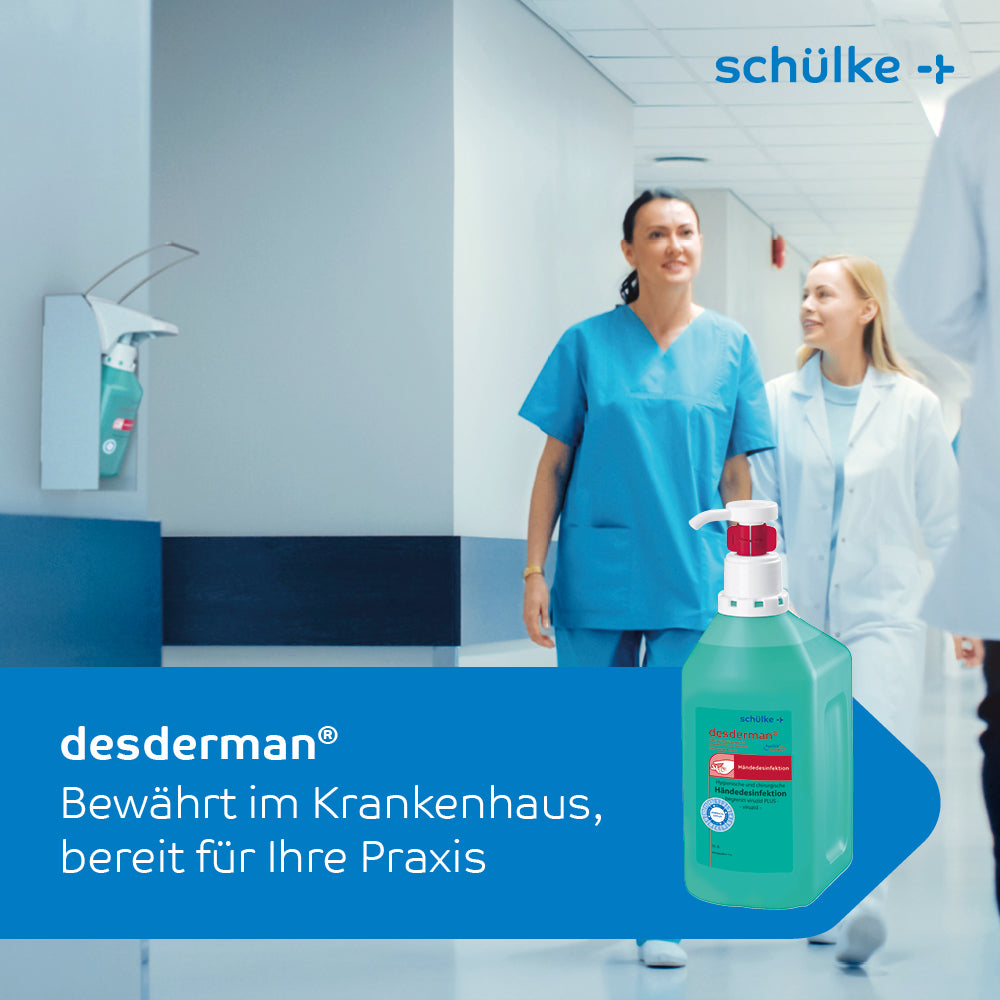 In a corridor of a medical facility, a dispenser with hand disinfectant is mounted on the wall. In the background, two healthcare professionals in blue and white uniforms are walking. The text on the image reads: “Schülke desderman® hand disinfectant (without dye/fragrance) – Proven in hospitals, ready for your practice”, and in the foreground, a Schülke desderman® hand disinfectant (without dye/fragrance) is visible.