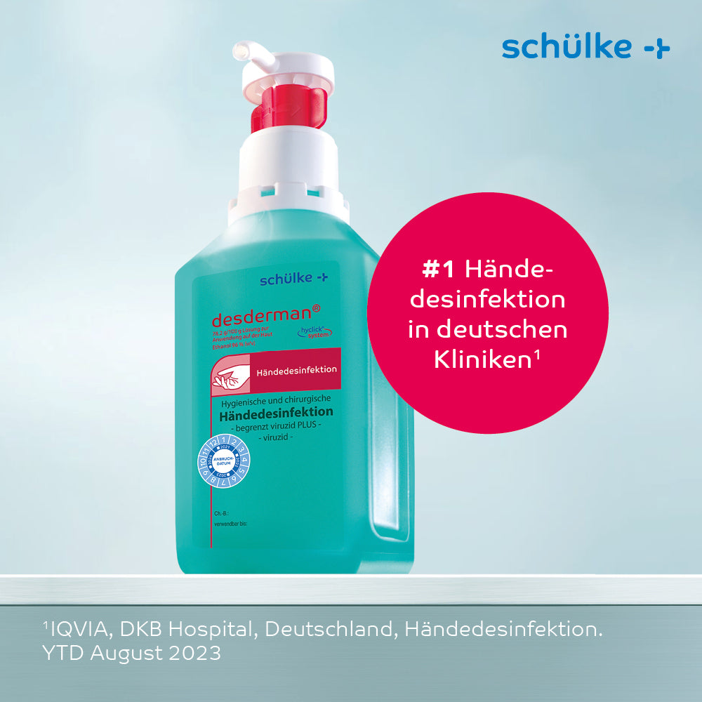 A bottle of Schülke desderman® hand disinfectant (without dye/fragrance) by Schülke & Mayr GmbH, ideal for hygienic disinfection, offers convenient and effective protection against germs.