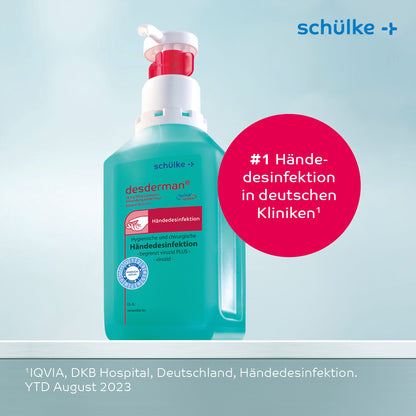 A bottle of Schülke desderman® hand disinfectant (without dye/fragrance) by Schülke & Mayr GmbH, ideal for hygienic disinfection, offers convenient and effective protection against germs.