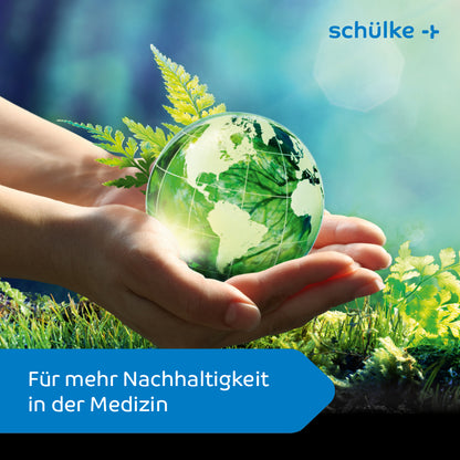A hand holding a transparent globe with green ferns inside. In the background, green plants are thriving. The text “For more sustainability in medicine” is at the bottom on a blue banner, highlighting “Schülke desderman® hand disinfectant (without dye/fragrance) and skin compatibility”. The lettering “Schülke & Mayr GmbH” is prominently placed in the upper right corner.