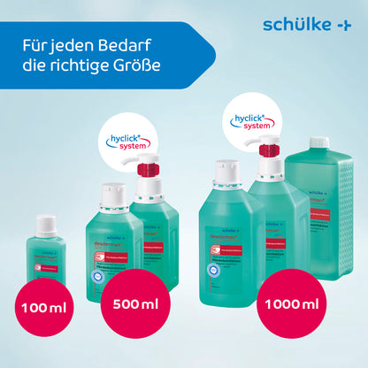 A group of bottles with red and white labels, ideal for Schülke desderman® hand disinfectant (without dye/fragrance) by Schülke & Mayr GmbH.