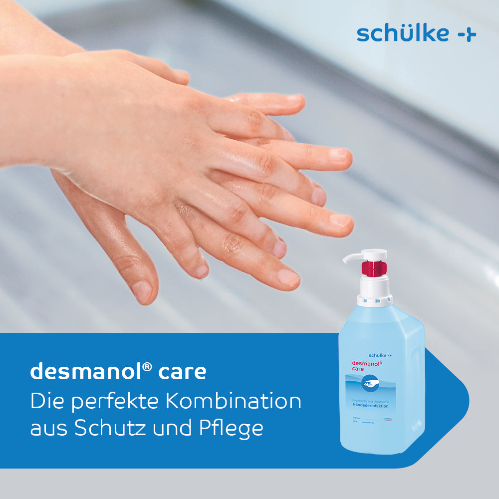 Eine Händewaschung mit einer Pumpe und Flüssigkeit mit Schülke desmanol® care Händedesinfektionsmittel von Schülke & Mayr GmbH.