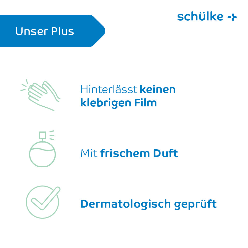 A graphic with three icons and German text lists the benefits of Schülke Esemtan® cleansing foam: no sticky residues, fresh scent, dermatologically tested. Blue headline "Our Plus" (top left), "schülke +" (top right). Ideal for skin cleansing.