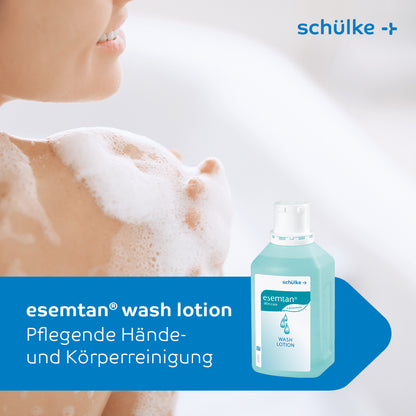 A person is seen in the shower, with shoulders and upper body covered in foam. In the foreground is a bottle of Schülke Esemtan® Wash Lotion. The text on the image reads 'Schülke Esemtan® soap-free wash lotion – Nourishing hand and body cleansing' and 'Schülke & Mayr GmbH'.
