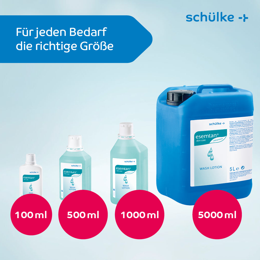 The image shows four bottles of Schülke Esemtan® Wash Lotion in ascending sizes (100 ml, 500 ml, 1000 ml, and 5000 ml) against a blue background. The text reads 'The right size for every need' and in the upper right corner it says 'Schülke & Mayr GmbH'.