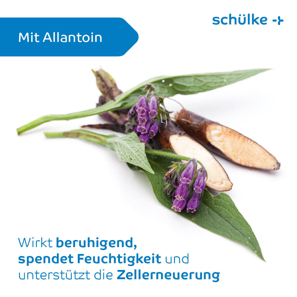 The image shows a sliced root and some fresh purple blossoms on green leaves. The text reads: “With Allantoin”, “Soothes, moisturizes, and supports cell renewal” with the branding “Schülke & Mayr GmbH”. Schülke esemtan® wash gloves, 10-pack | Pack (10 gloves) for patients in need of care and ideal in combination with wash gloves.