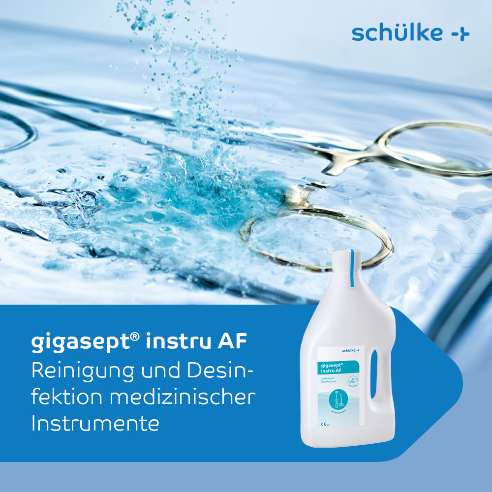 An image shows a bottle of Schülke gigasept® instru AF instrument disinfectant (aldehyde-free), a cleaning and disinfectant for medical instruments. In the background, there is a close-up of water and glasses, emphasizing the effectiveness of the product for endoscope cleaning. The text is in German and includes the brand name Schülke & Mayr GmbH.