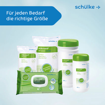 Displayed is a collection of surface cleaning and disinfection products from Schülke & Mayr GmbH. The medical products include Schülke mikrozid® AF wipes, disinfectant wipes, and sprays in different sizes and designs, all highlighted with green labels. The text reads: “The right size for every need.”