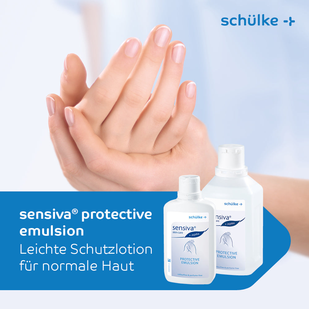 A close-up of a person's hands applying lotion. At the bottom, there are two bottles of “Schülke sensiva® protective emulsion” with the Schülke & Mayr GmbH logo. The text reads: “Schülke sensiva® protective emulsion with jojoba oil, light fragrance-free protective lotion for normal skin.”